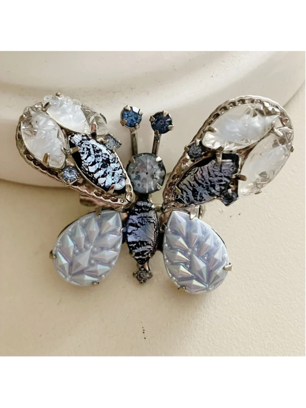 Vintage Butterfly Trembler Brooch Silver Filigree Foil Glass Stones Molded Art